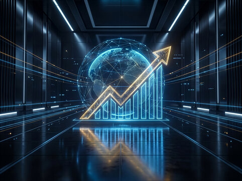 Abstract technology background featuring a glowing digital hologram of global financial growth charts and arrow inside a modern server room