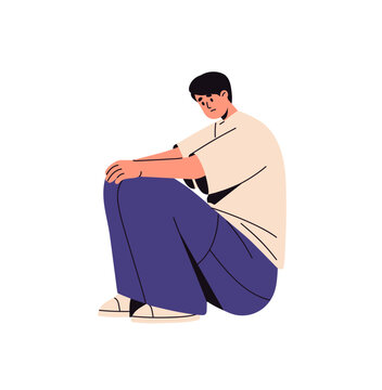 Sad boy sits with anxious facial expression. Worried young man squats with unhappy emotions. Depressed person with upset, pensive face. Flat isolated vector illustration on white background