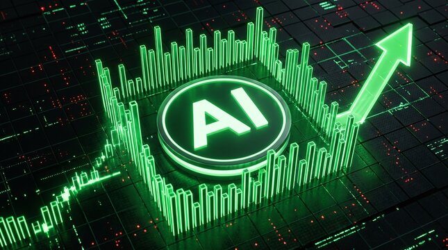 Artificial intelligence logo with glowing green bar chart and upward arrow on digital surface with intelligence emblem surrounded graph dark grid surrounded rising development