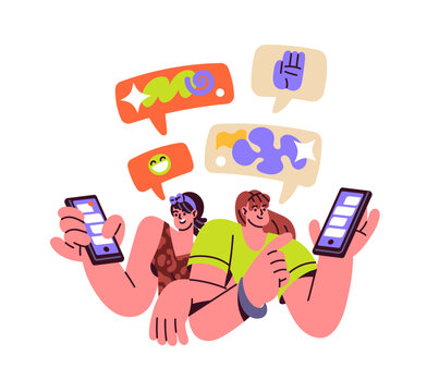 Texting in social networks concept. Happy girls communicate online with chat by smartphone. Friends talk with messages in media on phone. Flat isolated vector illustration on white background