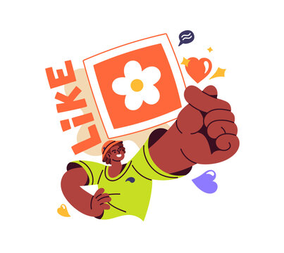 Follower leaves like under post in social media. Person hand gesture heart. Approval reaction in comment for online publishing in networks. Flat isolated vector illustration on white background
