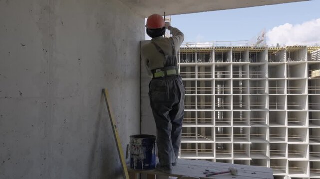 Construction worker reaching upward inside unfinished concrete room with rectangular ceiling opening, temporary wooden platform, precast building facade, and tower crane in daylight