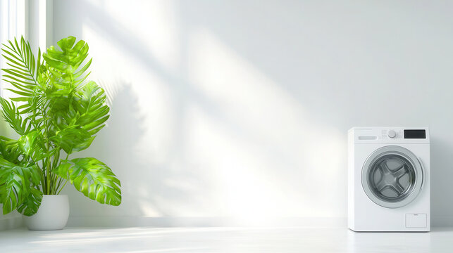 Minimalist laundry room featuring white washing machine beside large green plant bright, airy space. sunlight creates soft shadows wall