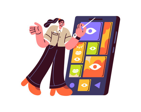Girl teaches using smartphone. Woman guides browsing, surfing the Internet on phone. Concept of online mass media, social networks courses. Flat isolated vector illustration on white background