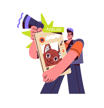 Artist with megaphone announces new post in social networks. Person publishes his art in the Internet. Influencer shares content in online media. Flat isolated vector illustration on white background