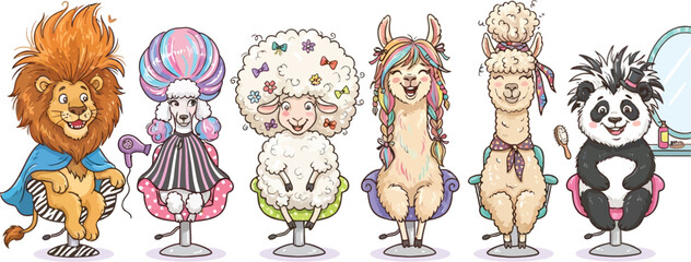 Fototapeta premium A whimsical illustration featuring a row of diverse animals sitting in salon chairs getting their hair styled.