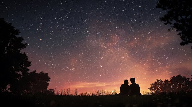 Couple Sitting On Hill Watching Starry Night Sky &ndash; Romantic Milky Way Silhouette Concept With Sunset Horizon