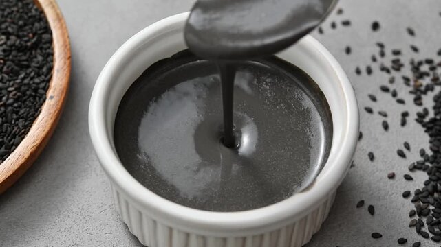Overhead close view shows black sesame mixture with milk lifted by spoon, revealing smooth texture for drink preparation.