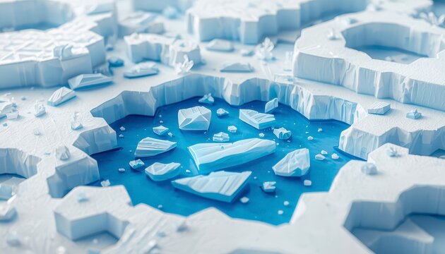 Top-down 3D paper cut art sculpture of Lake Baikal frozen ice hummocks and cracked blue water
