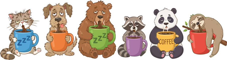 Fototapeta premium A collection of cute cartoon animals holding colorful mugs of hot coffee or tea.
