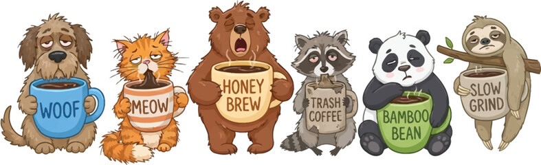 Fototapeta premium A collection of cute cartoon animals holding various coffee mugs with funny labels.