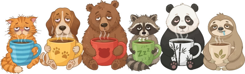 Fototapeta premium A row of cute cartoon animals holding mugs of hot coffee or tea.