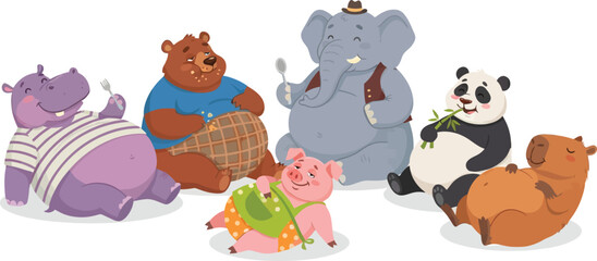 Fototapeta premium A group of cute cartoon animals sitting together and eating various snacks.