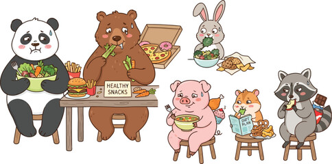 Obraz premium A collection of cute cartoon animals eating various types of food while sitting on chairs.