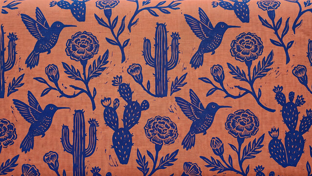 Bold seamless pattern featuring hummingbirds, saguaro cactus and desert flowers in navy blue on terracotta background, printed on textured fabric, ideal for textile, home decor and wallpaper design.