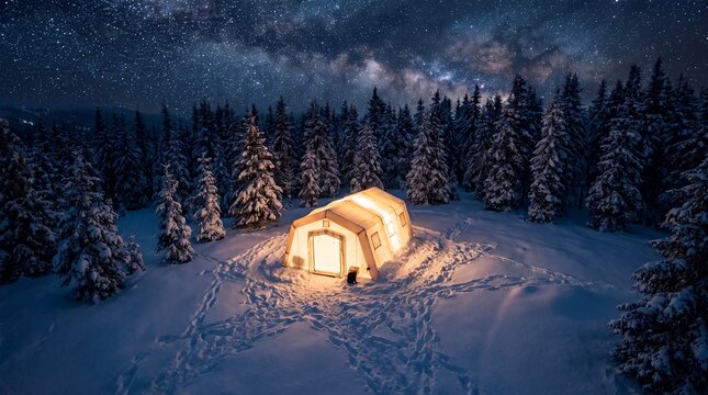 Medical tent snow forest night winter emergency shelter remote healthcare. Warmly lit medical tent stands alone in a snowy forest beneath the Milky Way for commercial advertising hospital design