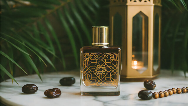 Luxury perfume bottle with gold pattern on a marble table with lantern