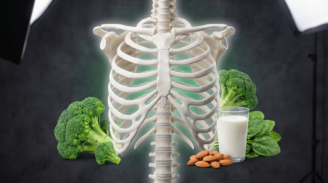 Human Skeleton with Calcium Rich Foods for Strong Bone Health