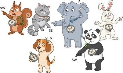 Obraz premium A collection of cute cartoon animals holding compasses and pointing in different directions.
