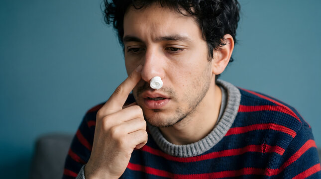 Close-up portrait of a miserable young man with a rolled-up paper tissue stuffed in his nose to stop a nosebleed. He looks unwell, suffering from flu, common cold, or severe seasonal allergies indo...