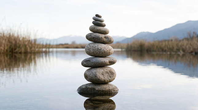 Balanced stone cairn reflected in a still mountain lake under a misty morning sky