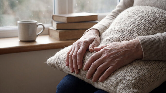 Weathered hands resting gently in lap beside a mug and books near a window