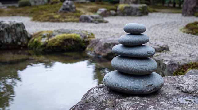 Stacked stone cairn resting beside a tranquil pond in a Japanese rock garden