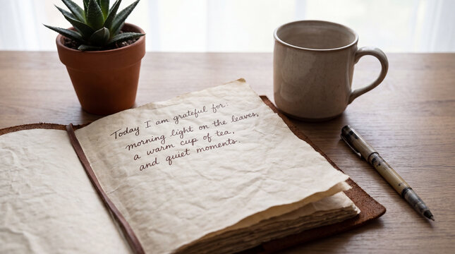 Gratitude journal entry beside a succulent plant and warm mug on a wooden table