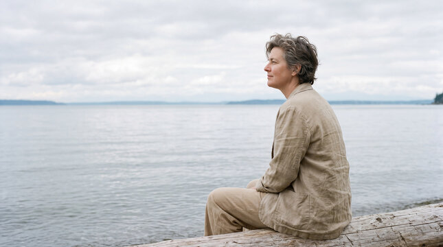 Woman sitting quietly on a wooden dock gazing across a calm lake at dusk
