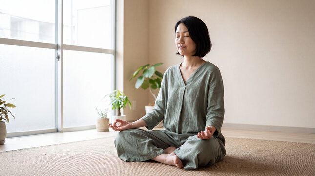 Woman meditating cross-legged on the floor of a warmly lit minimalist room