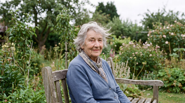 Elderly woman resting on a wooden garden bench surrounded by lush seasonal greenery