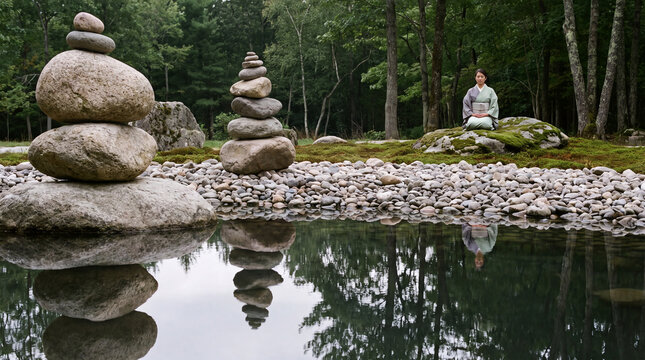 Layered stone cairns beside a forest pond with a figure meditating in the distance