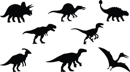 Collection of dinosaur silhouettes against a white background depicting various prehistoric creatures paleontology extinct reptile © Aoitijjo