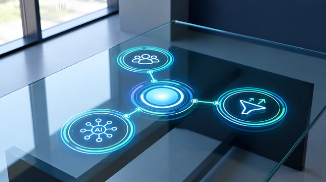 Abstract network connections and data flow visualization on a modern glass table