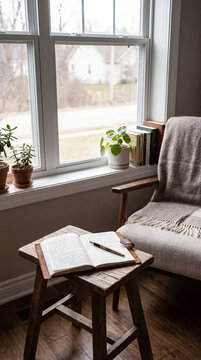 Cozy reading nook with an open journal, blanket and armchair beside a window