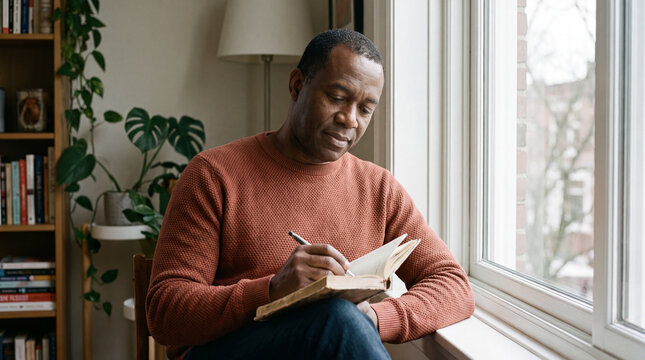 Man writing thoughtfully in a journal beside a window filled with plants