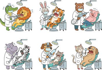 Obraz premium A collection of cartoon animals acting as dentists treating other animals in a clinic setting.