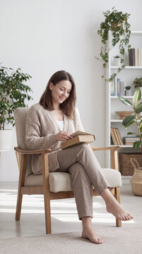 Woman relaxing barefoot in an armchair while reading in a plant-filled room