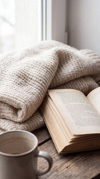 Cozy still life of a wool blanket, open book and coffee beside a window