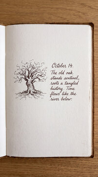 Handwritten journal page describing an old oak tree beside a small illustration