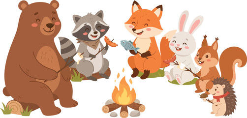 Naklejka premium Group of cute forest animals sitting around a campfire roasting food.