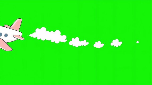 Cute cartoon airplane flying in the sky with exhaust smoke on green screen background, animation loop