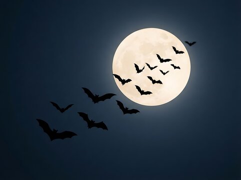 Group of bats flying across full moon against dark night sky background.
