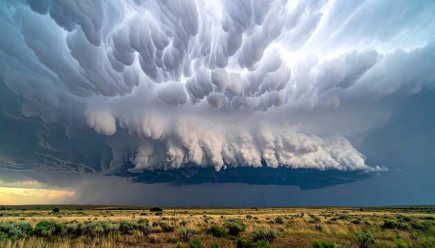 Dramatic Mammatus Cloud Formation Over A Vast Midwestern Plains Landscape During A Severe Summer Thunderstorm Event