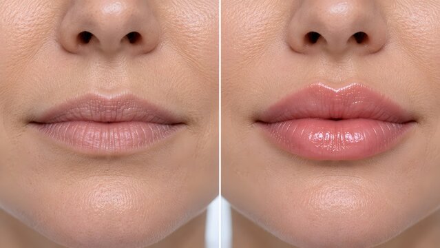Before and after lip filler injection treatment, hyaluronic acid lip augmentation results