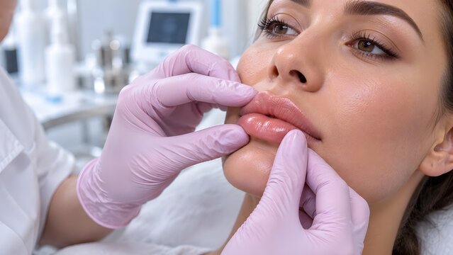 Doctor massaging patient lips after dermal filler injection for even product distribution