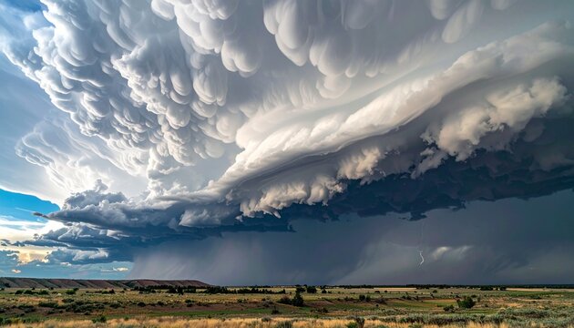 Dramatic supercell storm cloud with mammatus formations rolling over rural plains