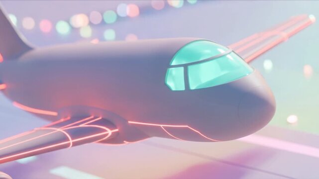 未来的な旅客機が誘導レール沿いに滑走路から離陸する3DCG背景