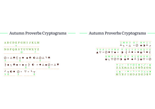 Autumn proverbs cryptograms with letters and symbols on a white background  