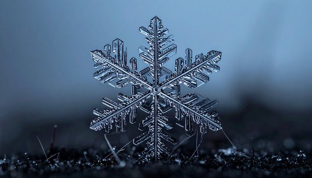 Macro photograph of a real symmetrical snowflake on a dark winter background